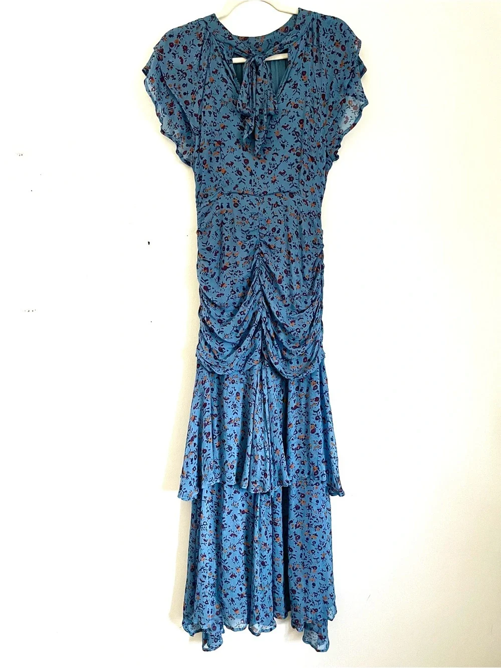 Cleobella Cecilia Floral Chiffon Tiered Midi Ankle Dress in Blue Floral M EUC